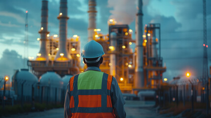 An energy worker in a hard hat and safety vest standing with their back to the camera, looking at a power plant with turbines and control panels,representing the energy sector and industrial operation