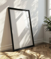 A black frame mockup leaning against a white wall, illuminated by natural sunlight casting intricate shadows. The room features parquet flooring and a potted plant, creating a modern and serene