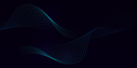 Fototapeta premium Floating dots, particles, wave pattern, 3D curve, halftone blue tones gradient curve isolated on dark background. Vector in the concept of technology, science, music, modernity.