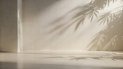 Off-White Wall Leaf Shadows: A neutral off-white wall and floor with subtle leaf shadows, suitable for minimalist and versatile product displays.
