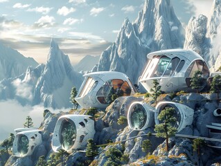Futuristic Sci-Fi Architectural Landscape with Floating Modular Structures and Vehicles