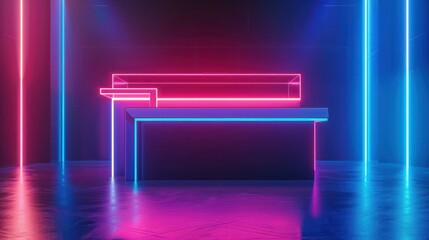 Design a futuristic 3D rendering of a product stand with subtle neon accents, offering a modern touch to any marketing material. 