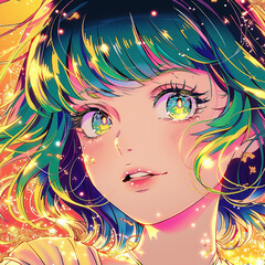 Naklejka premium PFP | Profile Pic | Portrait | Portraiture | Female Model | Up Close Shot | Forward Shot / Look | Glitter Background | Anime | Smiling | Graphic Art | Emotive | Delicate
