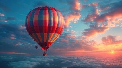 Fototapeta premium A colorful hot air balloon against a sunset sky, leaving space for event details or greetings.