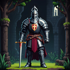 Fototapeta premium A medieval knight in full armor, wielding a sword and shield, ready for battle