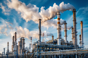 Fototapeta premium A direct view of a large industrial plant with multiple smokestacks releasing smoke straight up into the sky, capturing an extensive network of pipes and machinery, emphasizing the scale 