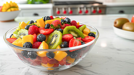 A colorful fruit salad in a glass bowl, featuring strawberries, blueberries, kiwi, and mango chunks on a white kitchen counter