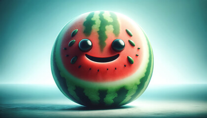 A cute, round watermelon with a happy face and big, shiny eyes, sitting on a smooth surface with a soft, blue-green background, exuding a cheerful and playful vibe.