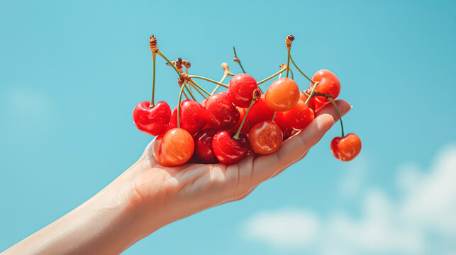 A hand holding a bunch of ripe, red cherries against a bright blue sky, symbolizing freshness and natural goodness
