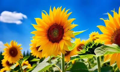 Close up of yellow sunflowers in summer countryside, Ai Generated