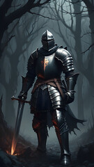 Naklejka premium A medieval knight in full armor, wielding a sword and shield, ready for battle