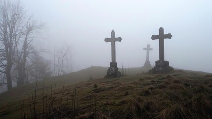 misty hilltop crosses three silhouettes in the fog spiritual landscape photography