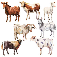 Watercolor vector of farm animals set, isolated on a white background, design art, drawing clipart, Illustration painting, Graphic logo, farm animals vector 