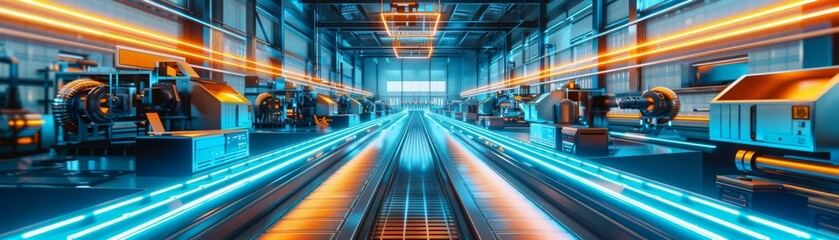 Fototapeta premium Futuristic factory interior with vibrant blue and orange neon tubes, suitable for articles on modern manufacturing processes
