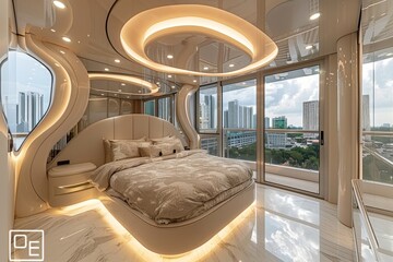 Futuristic bedroom with curving lines, ambient lighting, and city view, creating a sleek and modern space