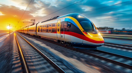 Naklejka premium sleek, modern high-speed train races down the tracks at sunset, showcasing advanced transportation technology. The dynamic angle and vibrant colors emphasize speed, efficiency, and progress