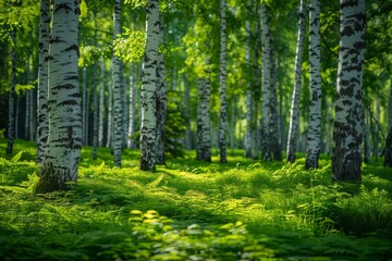 Serene birch forest with lush green ferns covering the ground and sunlight dappling through