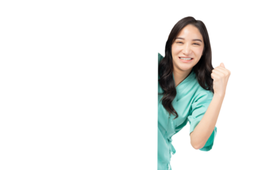 Confident young Asian female nurse peeking around a blank board, smiling and giving hand raised, wearing green medical scrubs. The image captures a positive and encouraging healthcare professional  