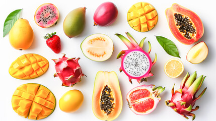 A collection of assorted tropical fruits including mango, papaya, and dragon fruit, isolated on a...
