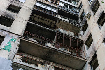 Residential building destroyed by military actions in Ukraine.