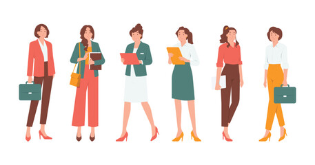 Obraz premium Set collection businesswoman holding briefcase, book, and suitcase with various clothes and poses gestures standing concept illustration