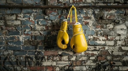 pair of yellow boxing gloves hanging on weathered brick wall combat sports equipment concept