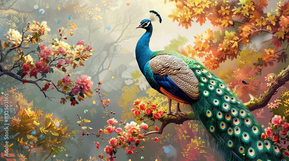 Wall mural peacock on branch with colorful flowers 3d wallpaper mural background digital art