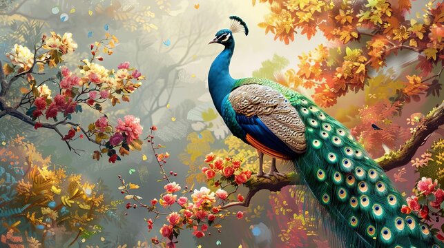 Fototapeta peacock on branch with colorful flowers 3d wallpaper mural background digital art