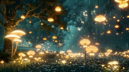 Glowing Mushrooms in a Magical Enchanted Forest at Night with Ethereal Lighting