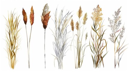 preserved native prairie grass collection bluestem dropseed indian grass watercolor illustration