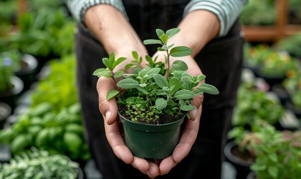 Carefully holding a small pot of blooming herbs, a gardener prepares for transplanting. The well-organized herb garden and rustic wooden fence in the background