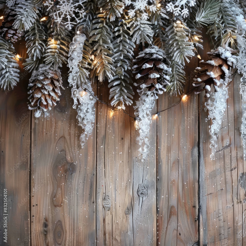 Poster A wooden background with a tree branch with pine cones on it