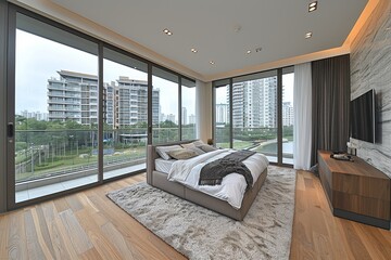 Luxurious bedroom with panoramic windows, city view, and modern furniture, creating a spacious and elegant space
