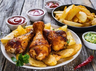 Barbecue chicken drumsticks with chips on wooden table