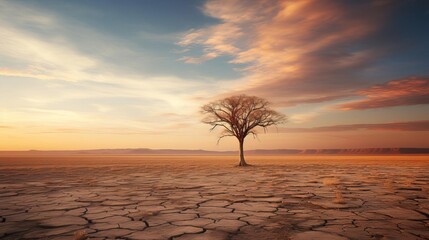 Tree standing alone in the desert, highlighted by the soft morning light selective focus, tranquil ambiance, dynamic, manipulation, early dawn backdrop