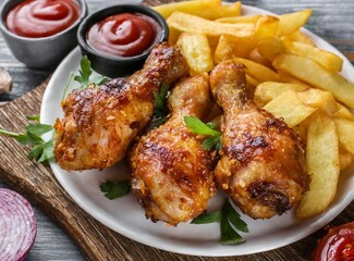 Barbecue chicken drumsticks with chips on wooden table