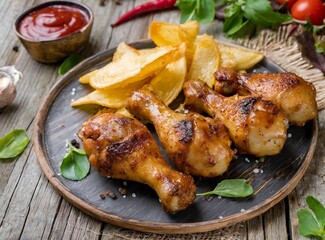 Barbecue chicken drumsticks with chips on wooden table