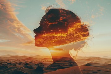 Double exposure of a woman's silhouette merged with a stunning sunset over a desert landscape, evoking introspection and nature's beauty.