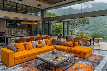 Modern living room with orange furniture and large windows, creating a vibrant and open space