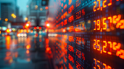 Stock market data. Table of digital data displayed on large screen with lights and blurred background