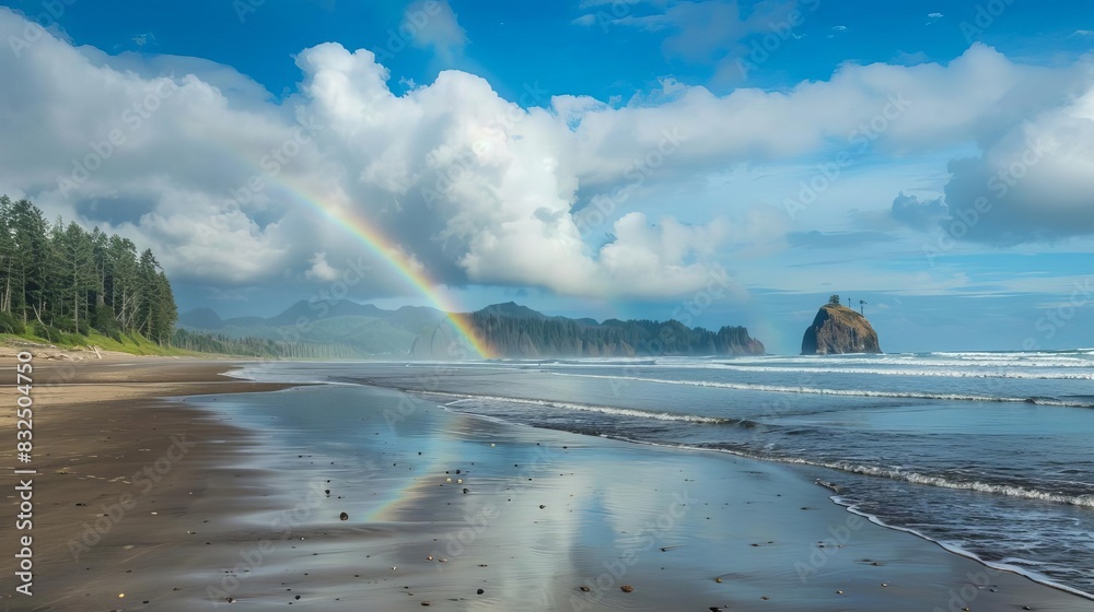 Wall mural rainbow forming over beach on cloudy day hopeful seascape photography - Wall murals