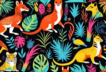 Obraz premium Maximalist pattern, black background, colorful vibrant, tropical elements, animals,flat colors