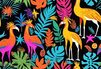 Obraz premium Maximalist pattern, black background, colorful vibrant, tropical elements, animals,flat colors