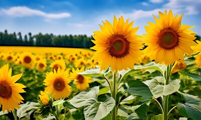 Obraz premium Yellow sunflowers in summer countryside, AI Generated