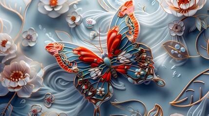 An artistic depiction of a vibrant butterfly with orange and blue wings, set against a background of stylized flowers and flowing lines.