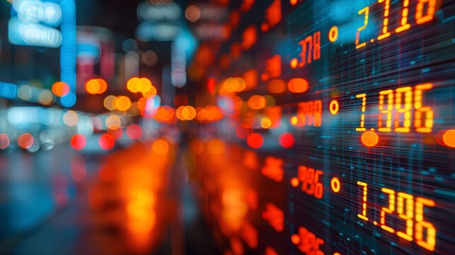 Stock market data. Table of digital data displayed on large screen with lights and blurred background