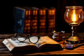An antique book, spectacles, and a lit candle placed on a table, creating a nostalgic ambiance.