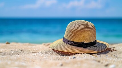 Tranquil summer scene  straw hat resting on sandy beach with azure sea in the background