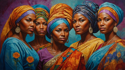 African women in colorful headscarves, celebrating Women's Day.