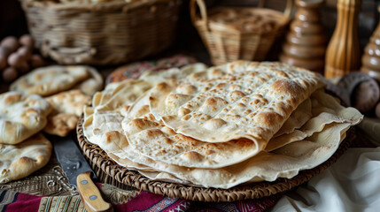 Fresh Armenian lavash bread, which is distinguished by its characteristic thinness and elasticity. Its golden-brown skin gently crunches when touched, and the inside is soft and springy.